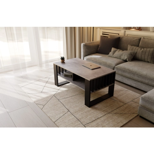 Stolik kawowy ST14 BET z lamelami Ława Beton/Czarny z półką loft